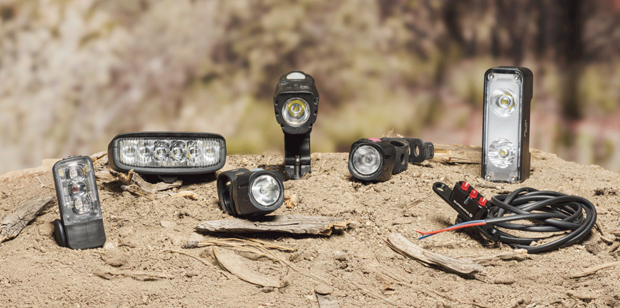 An array of bike lights in day mode
